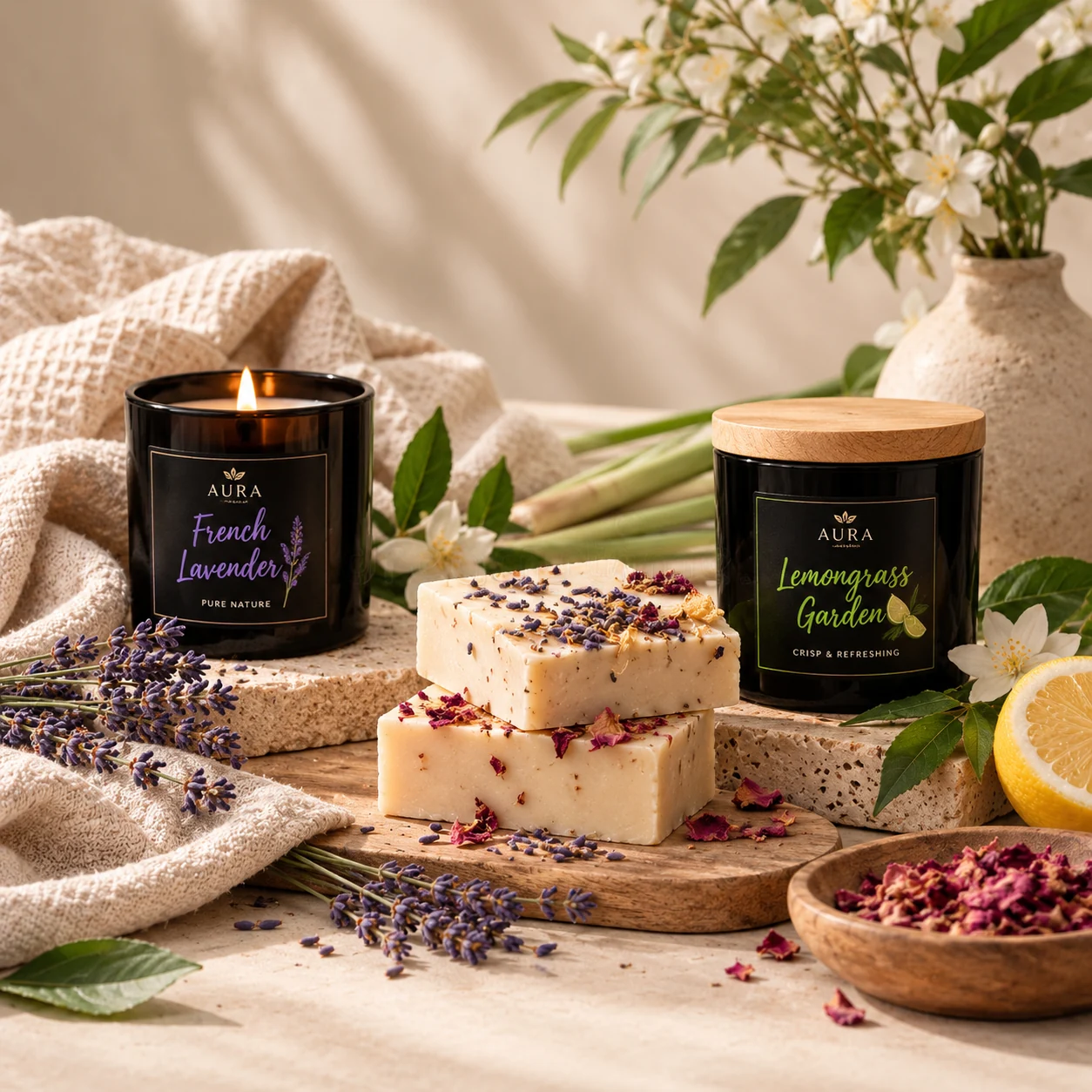 AURA lavender and lemongrass candles with botanical soaps, flowers and warm natural textures